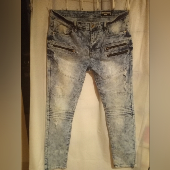 Y2K South Pole Men's 36"X32" Skinny Acid Washed Distressed Moto Jeans W/ Zippers - Picture 1 of 5